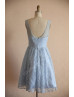 Light Blue Lace V Back Short Vintage Bridesmaid Dress